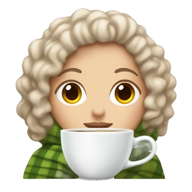 a White girl with curly hair wrapped in a blanket with a cup of tea sticker