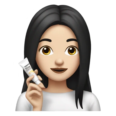 white girl with black hair applying cream on face sticker