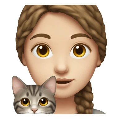 brown haired girl with pale skin holding greyish brown tabby cat realistic  sticker