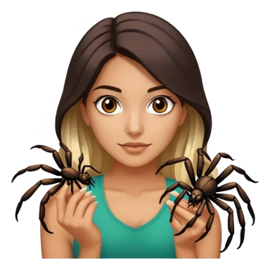 Attractive and athletic Mexican woman in her 20s with dark brown hair with a blonde ends, with a tarantula sticker