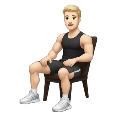 Pale skinned Fit Man With the biceps and dark brown hair in black shirt, gray sports shorts and white Sneakers Sitting on a chair sticker