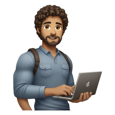 men holding his computer in hands. light brown skin men with curly dark hair, dark brown eyes, little grown beard. ust a tiny bit muscular. dressed casual. round face. sticker