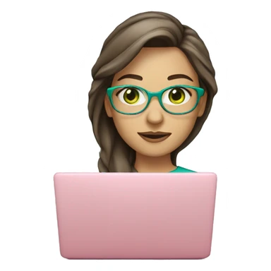 Female coding teacher with a laptop, with long brunette hair, green eyes, fair skin, teal eye glasses and a pink feminine shirt sticker