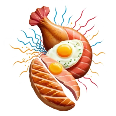 Protein party explosion with chicken breast, red meat steak, salmon fillet, and egg bursting upward from center like fireworks, with the largest chicken piece in front, DNA strands spiraling around them, and muscle silhouette in background sticker