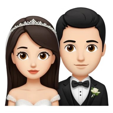 A bride and a groom. The woman is with dark brown hair, the man with black  sticker