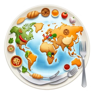 Icon for Culinary Tourism: a world map with food elements like a fork, knife and dish, surrounded by iconic dishes from various countries. The icon should represent the exploration of global cuisines and travel experiences. Transparent background. sticker