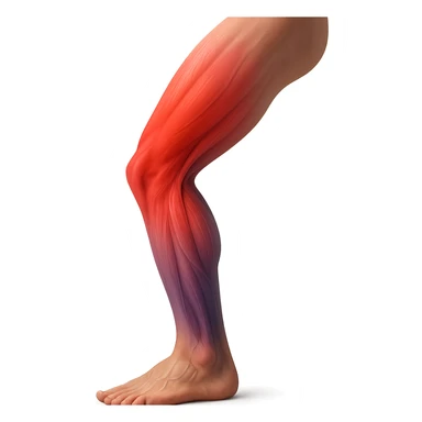 realistic human leg with overload shown by color gradients from red to purple, muscles in tension, 3D effect, isolated on white background sticker