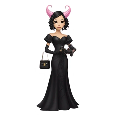 healthy standing flirty Lavish black evening gown with see-through gloves, Jenna Ortega as Addams woman prom queen wearing a steampunk mini tiara, very large blood moon pink evil-looking horned old dragon purse sticker