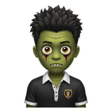 crie um zumbi menino bonito, com aparencia jovem igual, com cabelo preto, curto, com franja, o estilo do cabelo do zumbi seria o mesmo dos meninos de cabelo liso bagunçado do pinterest, faça ele com uma camisa preta sticker