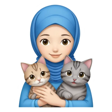 Asian white girl wearing blue hijab with dress holding a black grey tabby cat while smiling sticker