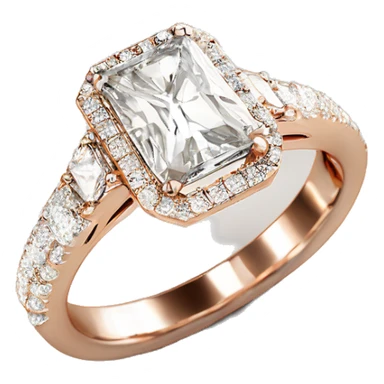 Rose gold radiant cut diamond engagement ring with small diamonds around the band sticker