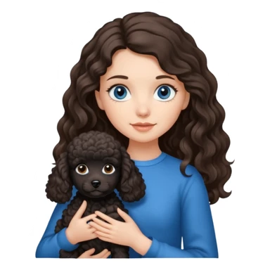 Brunette girl with long wavy hair and blue eyes holding one black puppy poodle with brown eyes. No decoration on the dog.  sticker