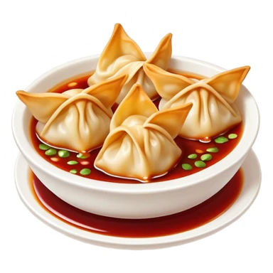 Chengdu Long Chaoshou wonton with red oil sauce on top, simplified emoji style with bold outlines and bright colors, cartoon style Sichuan style wontons sticker