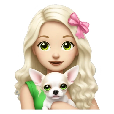 pale blond yt girl with wavy long platinum white hair with bright green eyes holding a white chihuahua puppy that wearing a pink bow sticker