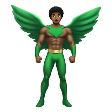 shirtless Muscular Afro teenage boy standing in a green superhero landing costume as the Sub Mariner or Prince Namor with “wings on each ankle. sticker