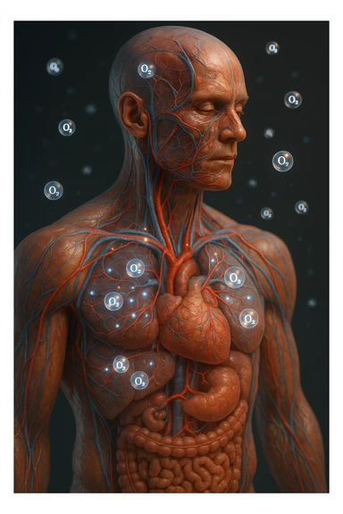 OSSIGENO FLUTTUA IN UN CORPO UMANO ANATOMICO, IPERREALISTICO 4K sticker