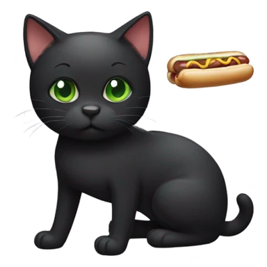 Black cat with green eyes and short hair eating a hotdog sticker