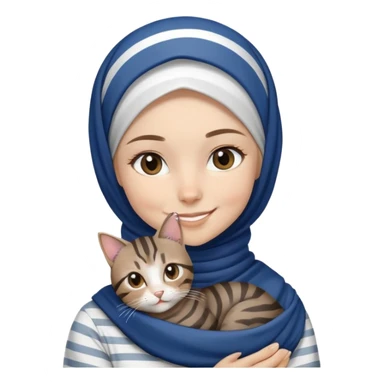 White girl wearing dark blue hijab with white shirt smiling while holding a black grey brown stripes tabby cat sticker