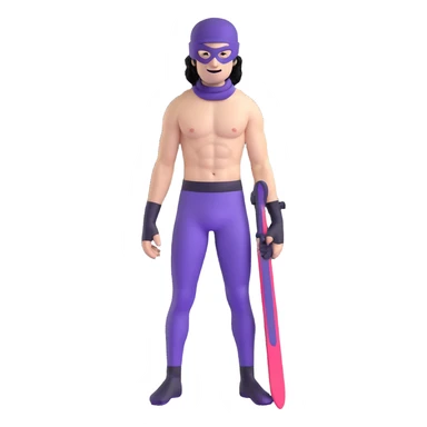 shirtless athletic man with white skin and black curly hair, wearing a purple ski mask sticker