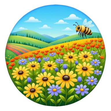 colorful field with wildflowers and a bee, bright and rounded sticker