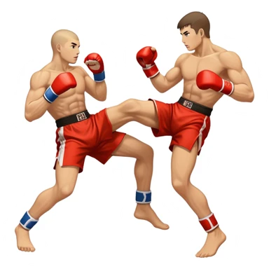 An icon showcasing a kickboxer in action, using precise techniques with both feet and elbows. One fighter delivers a powerful kick to the opponent's legs, while the other counters with an elbow strike. The background features a ring and a dynamic atmosphere. Transparent background  sticker