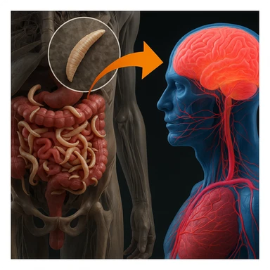 Hyperrealistic 4K anatomical section of human body with intestine infested by parasites. Enlarged detailed view of a parasite. Clinical atmosphere with an arrow connecting the intestine and brain, referencing diseases and tumors. sticker