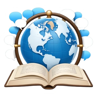 An icon showing a globe surrounded by speech bubbles with greetings in different languages, like 'Hello,' 'Hola,' and 'Bonjour.' The design includes an open book and a quill, symbolizing learning and communication. Transparent background emphasizes global connection through language. sticker
