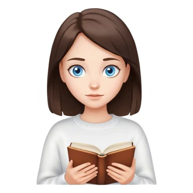 brunette girl with blue eyes in a white sweater reading a book in her hands sticker