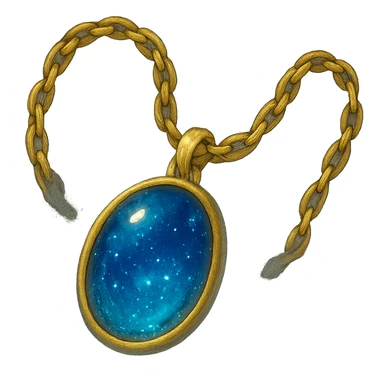 gold chain floating in midair with a deep blue starry stone, glowing faintly, shimmering like liquid gold, mystical aura sticker