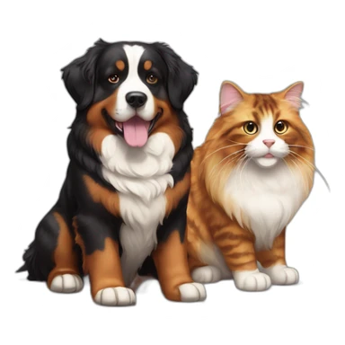 A Bernese dog next to A tortoiseshell cat without white sticker