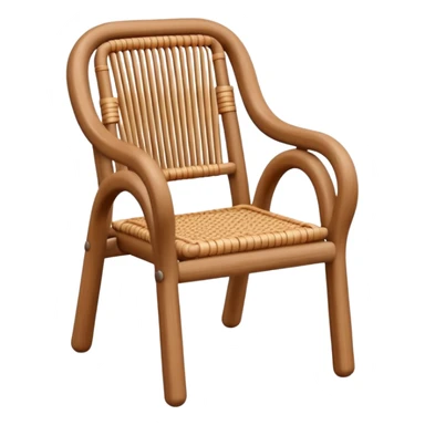 A 3D cartoon wooden chair with woven rattan seat, clean composition, bright background, Memoji-style rendering. sticker