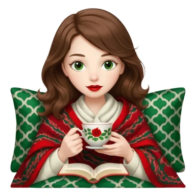 Long wavy brown haired, white skinned, dark green eyed girl with red lipstick wrapped in a blanket, sipping tea and reading a book sticker