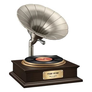 A platinum music award plaque: a square, polished platinum plate with a subtly textured, mirror-like finish, mounted on a simple dark wood base. The center features a relief of a vintage gramophone or stylized vinyl record in a slightly darker metallic tone.  sticker