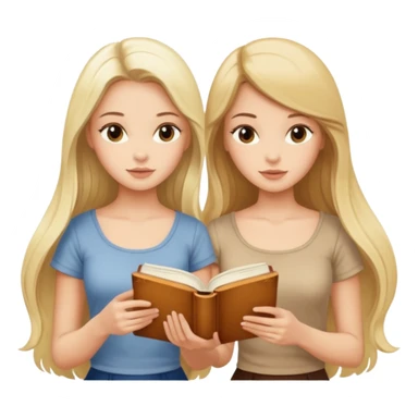two beautiful girls in beige tops reading a beautiful vintage book. one brunette, the other blonde. both with long hair with and beige T-shirt  sticker
