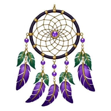 Black dreamcatcher with amethyst crystals, gold pearls, and plants, and violet and white feathers, green ivies  sticker