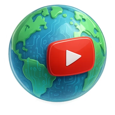 globe with YouTube play button, glossy circuit style sticker