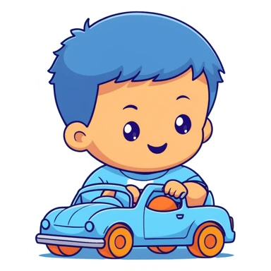 cute toddler boy with pastel blue clothes playing with a blue toy car sticker