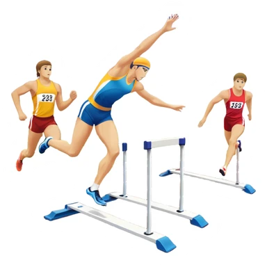A collage of track and field equipment: a starting block, javelin, hurdle, discus, and high jump bar, symbolizing various disciplines. The background features a vibrant stadium with a running track, field events area, and cheering crowds.  sticker