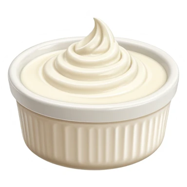 small dollop or swirl of thick creamy white crème fraîche, smooth slightly glossy surface, soft peaks, rich velvety texture, mild sheen, simple label-free ramekin or transparent cup, clean 3D look, soft lighting, no garnish or extra elements, no faces, emoji scale sticker