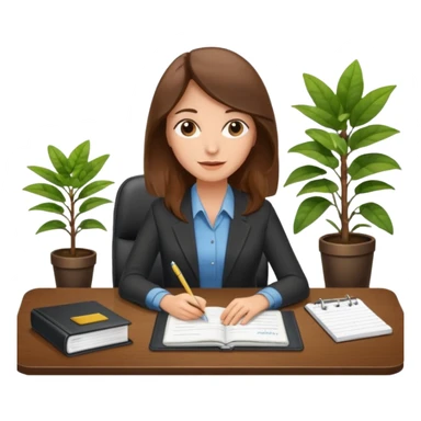 imagen de una mujer castaña en una oficina con escritorio, silla, notebook, agenda y una planta con un cartel que diga en español FUERA DE OFICINA sticker