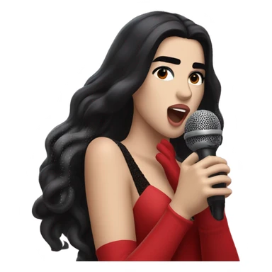 Dua Lipa with long dark hair and red gown and red gloves, singing with an old microphone sticker