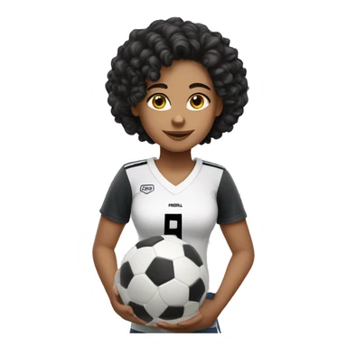 Caucasian girl with black curly hair in a football shirt with a football ball sticker