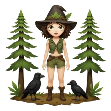 full body woman short curly brown mullet hair brown eyes white skin sexy forest rogue with torn leaf shorts and crow hat sticker
