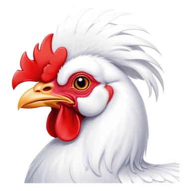 Cinematic Cute White Rooster Portrait Emoji, Head tilted playfully and inquisitively, featuring a glossy, immaculate white plumage with a vibrant red comb, round, sparkling eyes filled with curiosity, Simplified yet irresistibly adorable features, highly detailed, glowing with a warm, friendly glow, high shine, affectionate and spirited, stylized with a touch of farmyard whimsy, bright and endearing, soft glowing outline, capturing the essence of a mischievous yet loving rooster, so playful it feels like it could strut out of the screen and into your arms! sticker