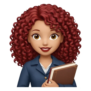 generate a pretty bratz girl curly dark red hair, brown lipstick on, smiling. Book in hand sticker