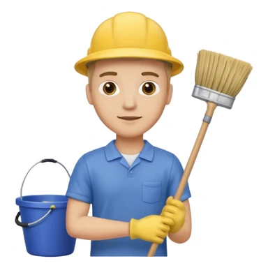 ligth man in cleaning clothes, holding a broom and a bucket sticker