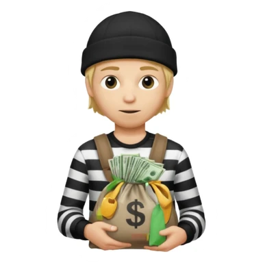 Robber with a shirt with white and black stripes holding a money bag also the robber is wearing a black beanie hat and also has blond hair sticker