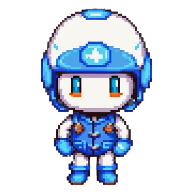 Classic bomberman character, blue and white colors, round helmet with antenna, cute pixel art style sticker
