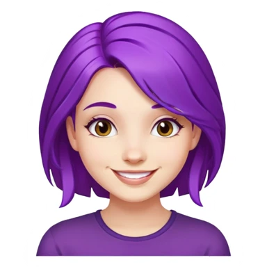 A girl with vibrant purple hair, smiling face sticker