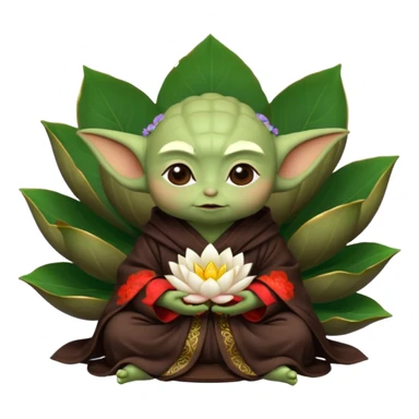 Baby Yoda con su tunica chocolate oscuro sentado dentro de una flor de loto estilo chino sticker